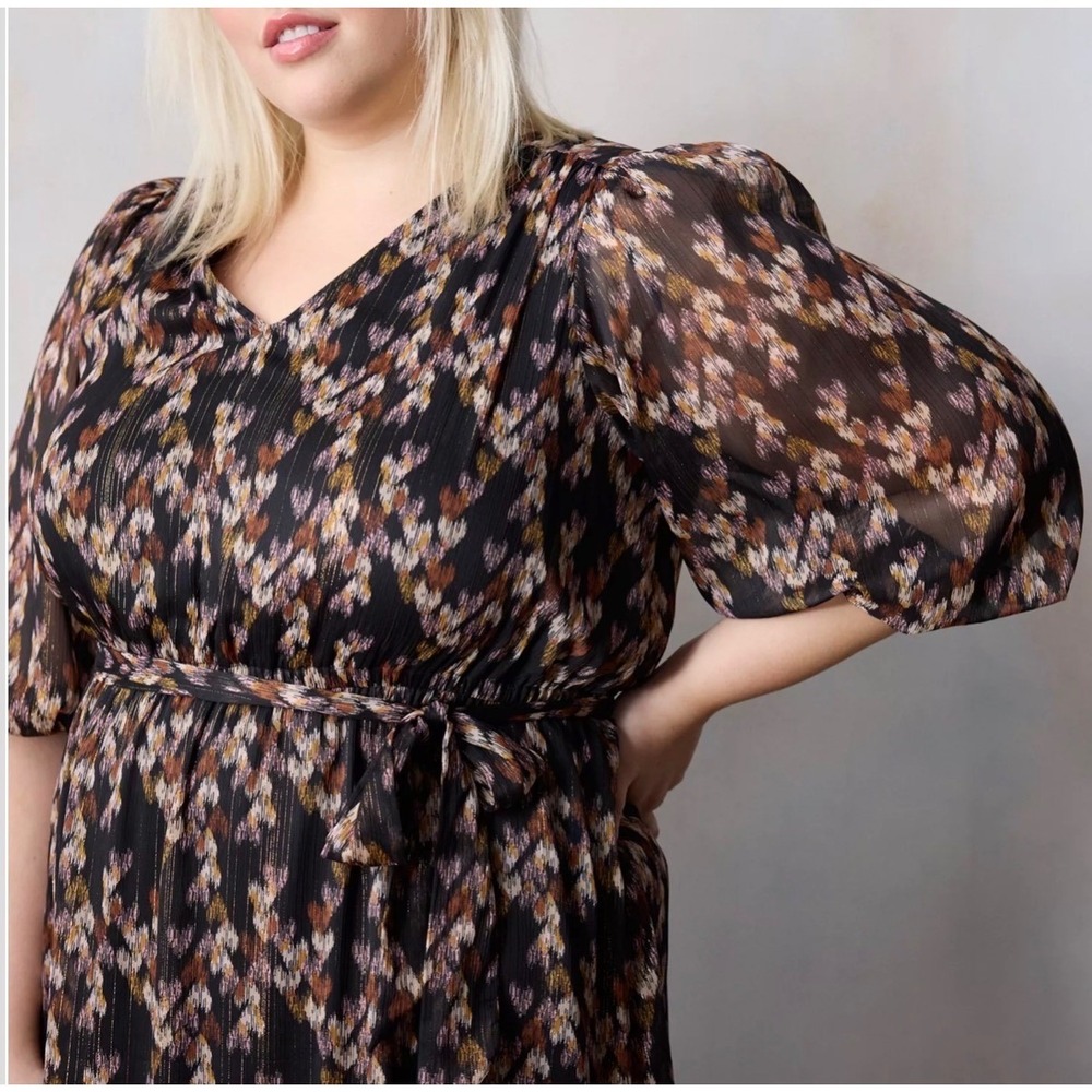 LC Lauren Conrad 3X‎ Plus Metallic Ikat Chiffon Midi Dress Puff Sleeve Black - Picture 3 of 11